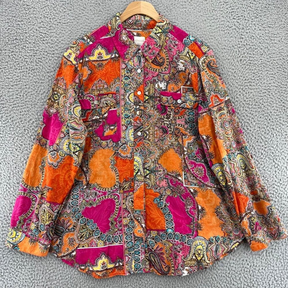 Chicos Top Women 2 US Large Celia Orange Multi Print Button Down Roll Tab Sleeve